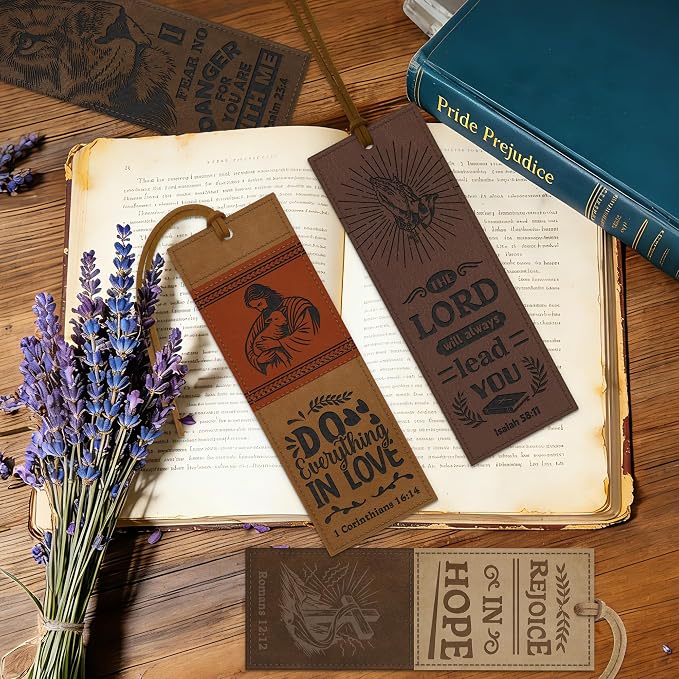 4PCS Leather Bookmark Bible Bookmarks for Reading Women Men Teacher Book Lovers Gifts, Stitched Religious Christian Bookmark Page Markers Inspirational Bible Verse Scripture Book Marks (Vintage-2)