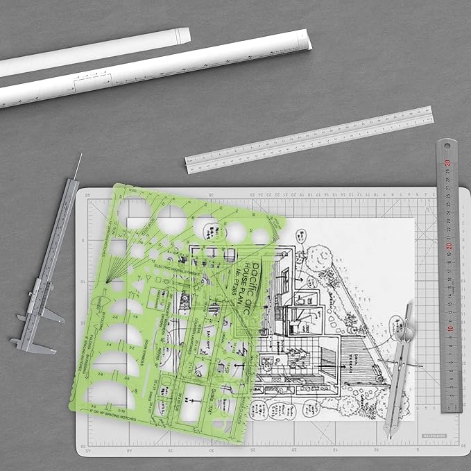 Pacific Arc House Plans Templates Guide, with Stairs, Doors, Plumbing, Kitchen Appliances, and Roof Pitch Gauge, Scale of 1/4 Inch to 1 Foot