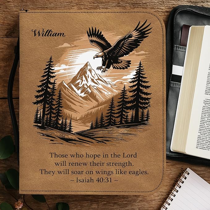 Personalized Man of God Bible Cover for Men, Christian PU Leather Bible Case with Handle Zipper, God Says I Am Warrior Scripture Bible Holder, Religious Gift for Men (Eagle and Bible Verse)