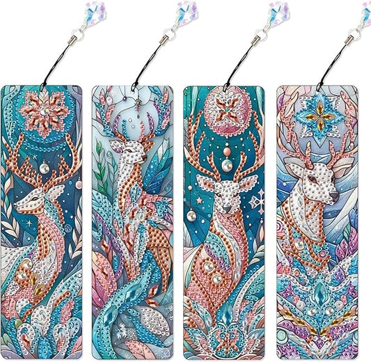 4 Pack DIY Diamond Painting Bookmarks, Special Shaped Deer Design Handmade Crystal Rhinestone Bookmark Kits with Tassel, Sparkling Art Bookmark for Reading Enthusiasts