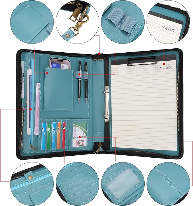 Wason A4 Portfolio with Zipper - Leather PU Padfolio with Detachable Ring Binder and Writing Notepad Holder, Conference File Multi-Pockets Organizer for Office Travel School (Cyan)