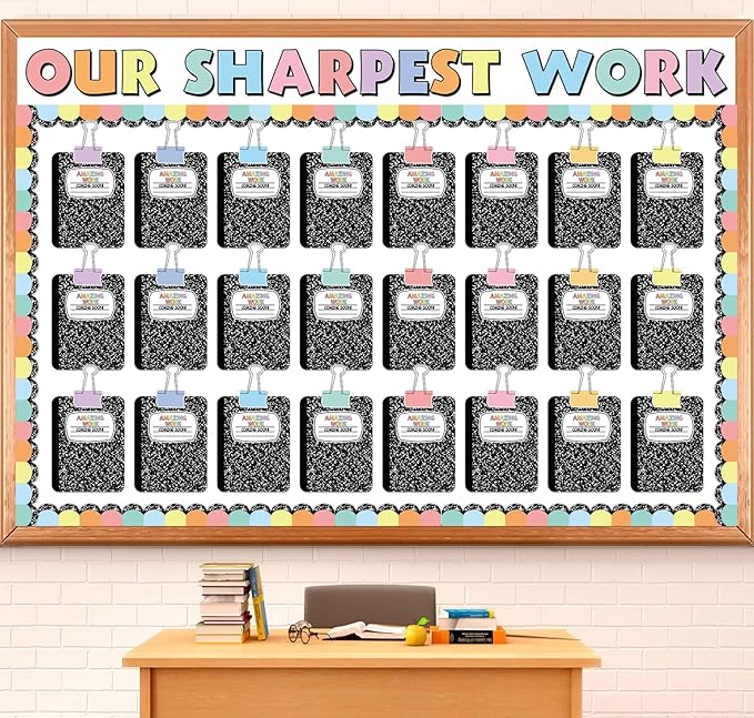 JarThenaAMCS Student Work Display Bulletin Board Decoration Set Composition Notebook Clips Inspirational Paper Cutouts for Back to School Classroom Chalkboard Wall Decor Teacher Supplies