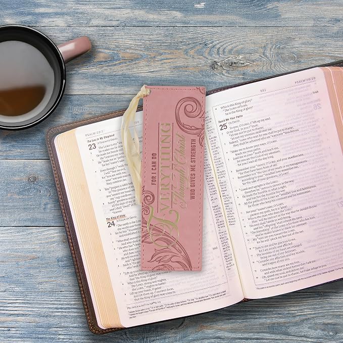 Christian Art Gifts Pink & Gold Faux Leather Premium Bible Verse Bookmark for Women: Everything Through Christ - Philippians 4:13 Inspirational Scripture w/Satin Ribbon, Cute, Sturdy, Floral Debossed