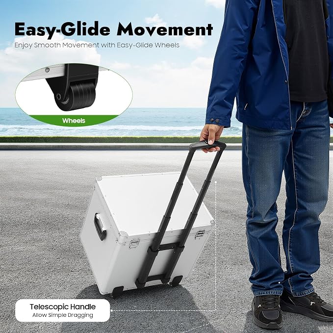 Rolling File Box with Telescopic Handle, Locking File Cabinet with Lock, Files Cart with Wheels, Mobile Business Case, Aluminum Alloy Hand Pull File Case for Home, Office, Bank - Silver