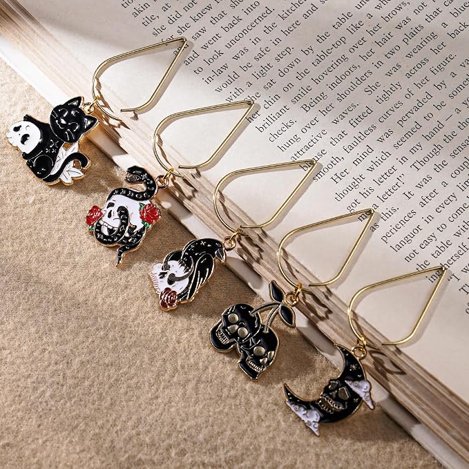 Horror Gothic Skeleton Bookmark - 5 PCs Cool Witchy Crow Paperclips Book Mark Fantasy Spooky Personalized Vintage Metal Bookmarks Reading Supplies Men Women Adult Birthday Valentines Gifts