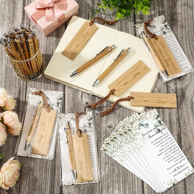 Skyygemm 50 Sets Wedding Party Favors for Guests Include We Got It Write Wood Bamboo Pens Bookmarks with Tassel Thank You Cards with Bag Wedding Favors Welcome Bag Stuffers for Bridal Shower Party