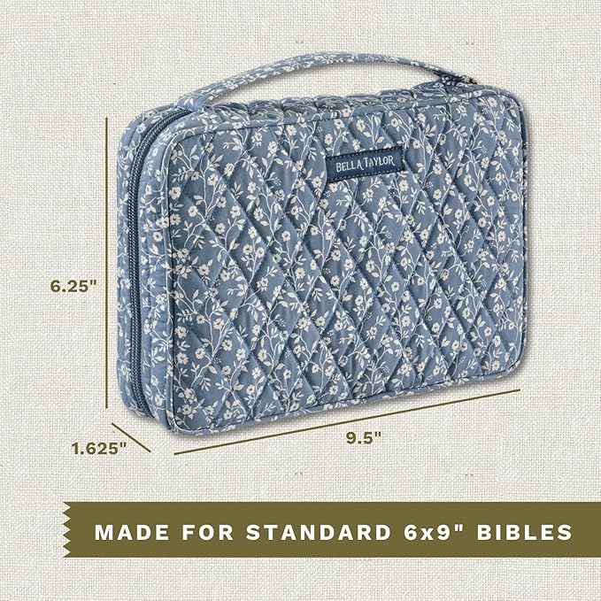 Bella Taylor Small Bible Cover for Women, Quilted Cotton Fabric Bible Case for 6 x 9 inch Bibles, Heritage Blue Floral