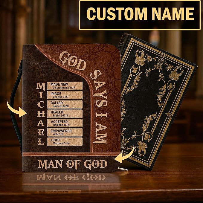 Personalized Man of God Bible Cover, God Says I Am Bible Case PU Leather, Bible Holder Handle Zipper, Faith Scripture with Name Case Bag, Religious Gifts for Church Christians Women Men