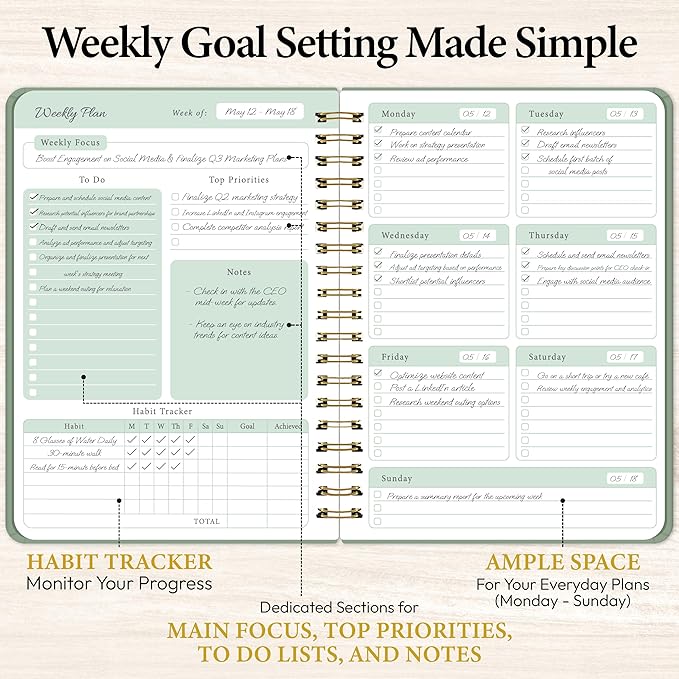 Undated Weekly Planner – Minimalist Weekly Planner Notebook for Work, Home & Daily Writing | Simple Matte Notes for Goals, Appointments & Productivity, Elegant Cardstock Pages, Green