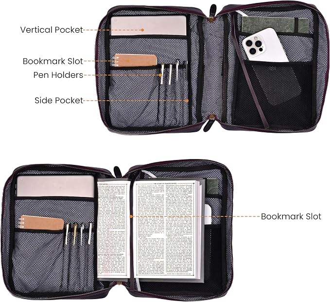 LEATHER VILLAGE Genuine Leather Bible Cover with Zipper for Men & Women - Large Bible Case Carrying Bag Book Cover & Organizer with Handle and Pockets - Leather Bible Covers for Church Study - Purple