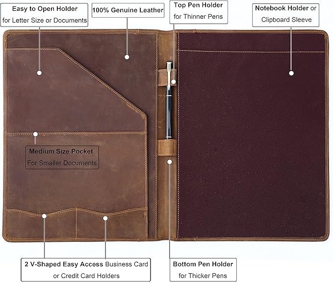 Leather Portfolio for Men, Personalized Leather Padfolio for Women, Genuine Leather Resume Folder Notepad Holder for A4/Pad, Folio Document Organizer, Legal Pad Business Portfolio Organizer
