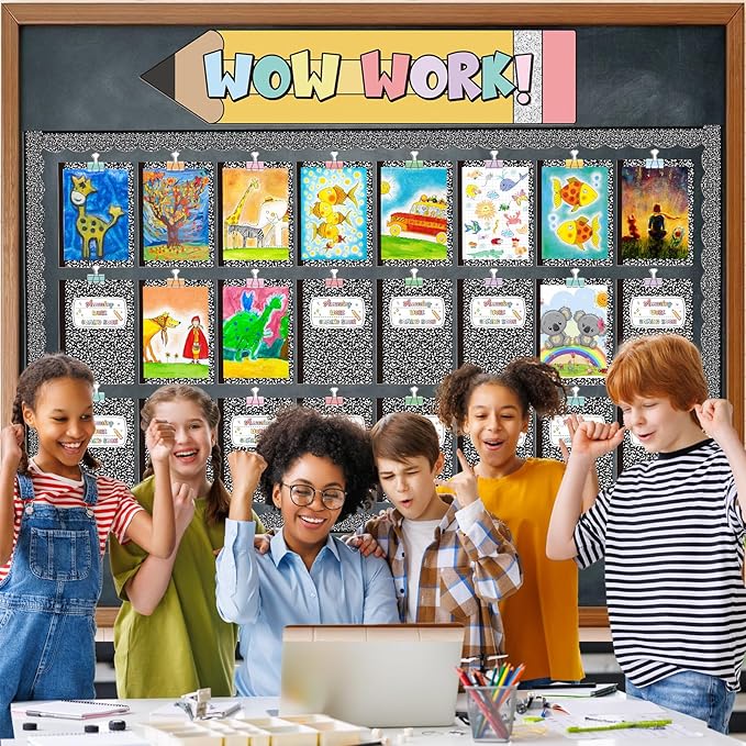 Mooliwe 139 Pcs Student Work Display Bulletin Board Composition Notebook Classroom Decoration Pencil Wow Work Cutouts with Clip Names Display Classroom Wall Decor for Teachers Back to School Supplies