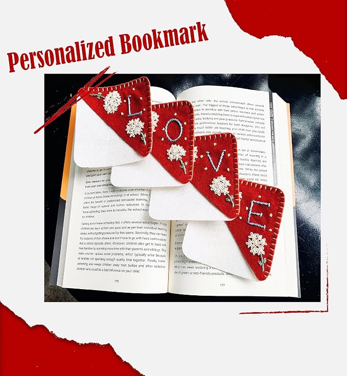 Personalized Hand Embroidered Corner Bookmark, Cute Flower Book Mark, Hand Stitch Gift for Women Book Lovers by HNQCPCVU (E, RED)