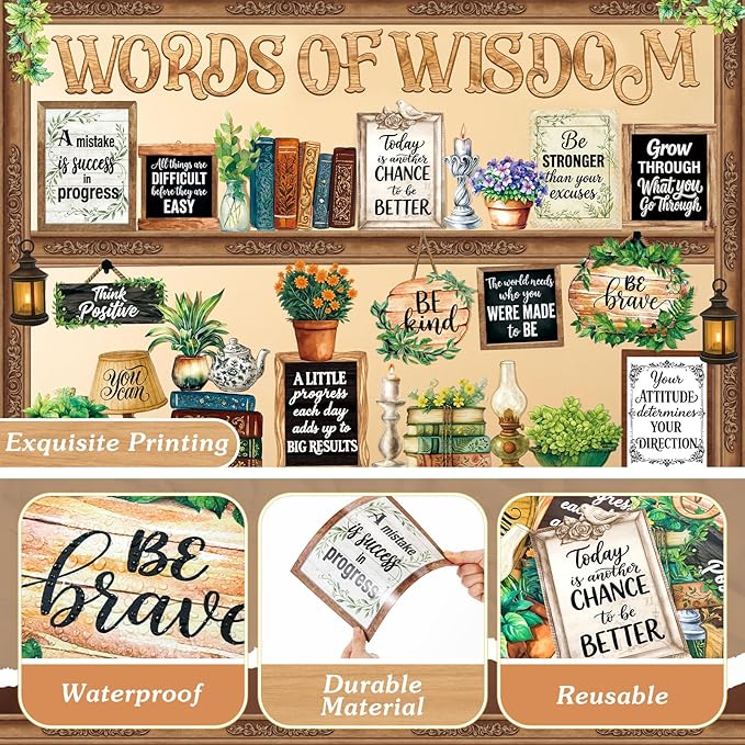 Mooliwe 57 Pcs Vintage Plant Bulletin Board Set Inspirational Greenery Classroom Decoration Potted Plant Flower Cutout for School Office Chalkboard Door Wall Decor