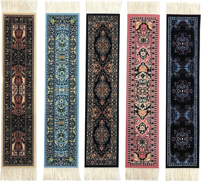 Set of 5 Mini Rug Bookmarks, Colorful Oriental & Turkish Carpet Style Book Marks, Novelty Reading Accessories