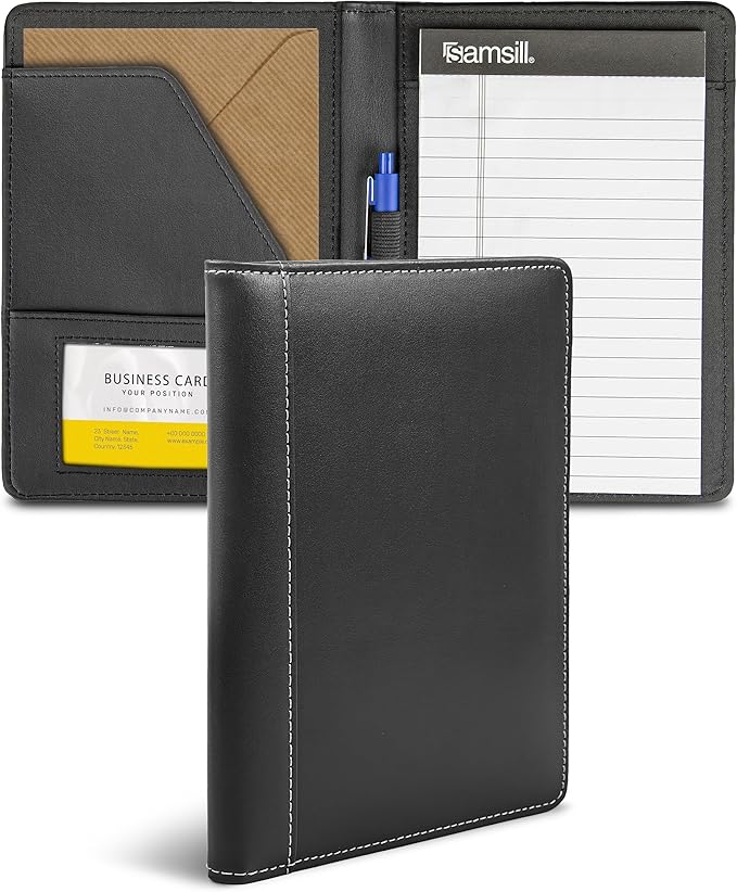 Samsill Contrast Stitch Faux-Leather Portfolio, Mini Size Business Interview Professional Padfolio, Includes 5 x 8 Inch Writing Pad, Black