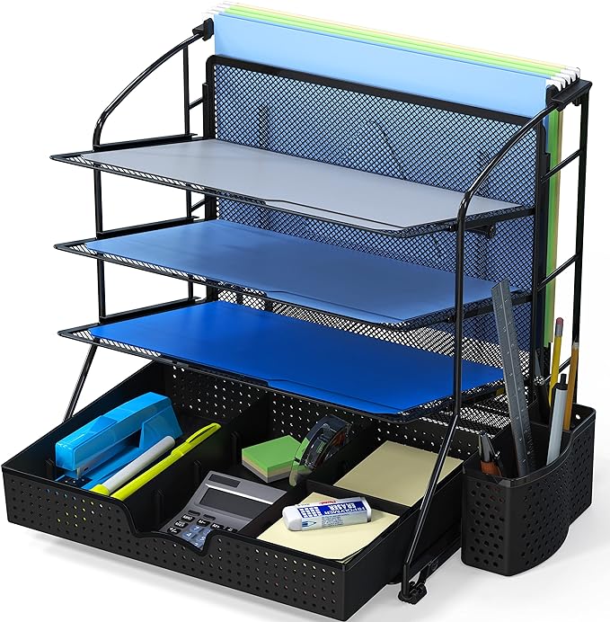 Simple Houseware Desktop Document Tray Organizer with Sliding Drawer, Caddy, Hanging File Section, Black