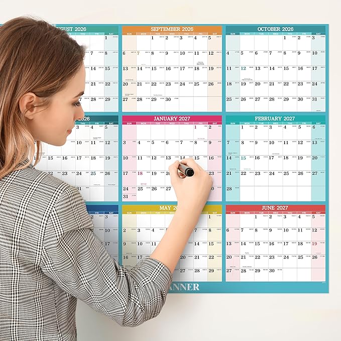 2026-2027 Yearly Wall Calendar - Dry Erase Calendar 2026-2027, July 2026 - June 2027, 34.8'' × 22.8'', 2-Sided Erasable Calendar with 8 Round Stickers
