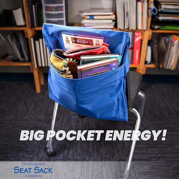 Seat Sack Elastic Classroom Chair Storage Pocket - 12-17 Inches, Blue - Stretch for Multiple Size Chairs - Organizer, Durable and Spacious, Storage and Organization