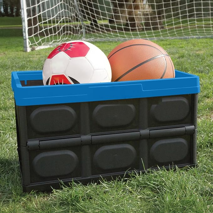 12 Gallon Collapsible Storage Bin, Plastic Foldable Storage Crate with Handles, Stackable Black & Blue for Home Garage Office, Built-in File Rails