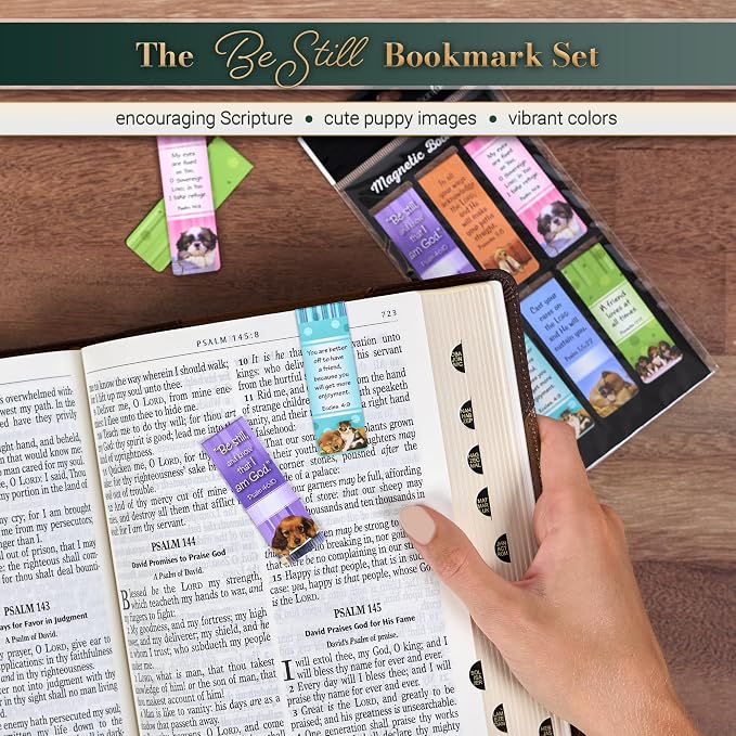 Christian Art Gifts Magnetic Scripture Bookmark Set with Bible Verse: Be Still - Psalm 46:10 Inspirational Puppy-Themed Magnetic Bible Verse Pagemarker Set of 6 for Bibles and Books, Size 2.3" x 0.8"
