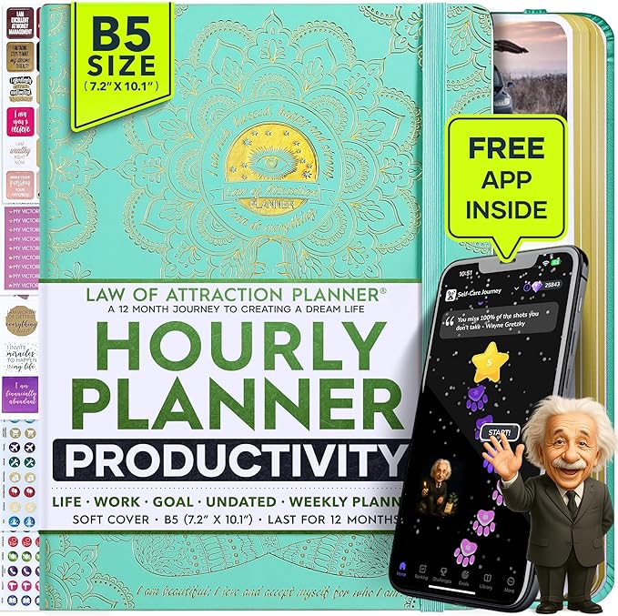 Deluxe Weekly and Monthly Planner | Law of Attraction Planner with Productivity App | 12-Month for Productivity, Gratitude & Goal Setting | Includes Foldable Vision Board, Gift Box & Stickers