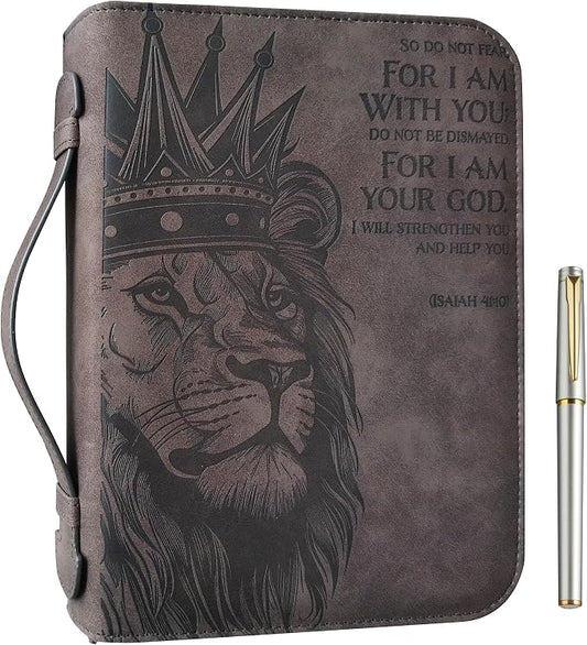 | Lion of Judah Bible Cover for Men & Women | Large Vegan Leather Bible Case with Pen | Fits Thick Study Bibles up to 10" L x 7" W x 2" H | Christian Gifts (Gray)