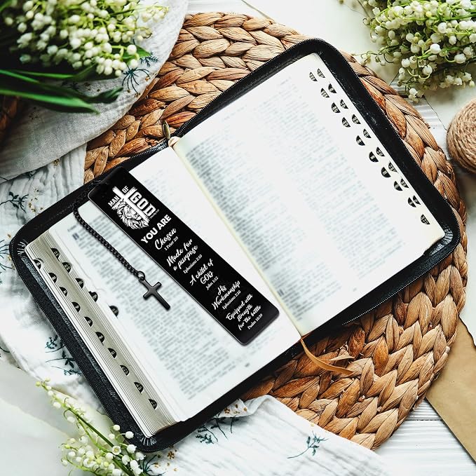 Bible Verse Metal Bookmark for Men, Man of God Christian Bookmark for Men, Religious Fathers Day Gift Scripture Book Mark with Cross Pendant for Husband Dad Reading Gifts
