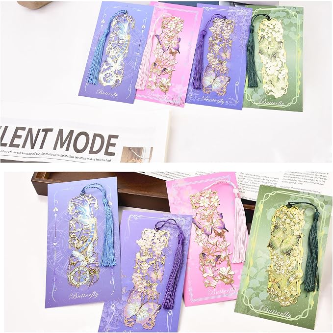 4 Pcs Metal Bookmarks Set with Tassels, Beautiful Floral and Butterfly Cutout Bookmarks for Reading Lovers Book Lovers Gifts, for Women, Men, Kids, Girls, Readers