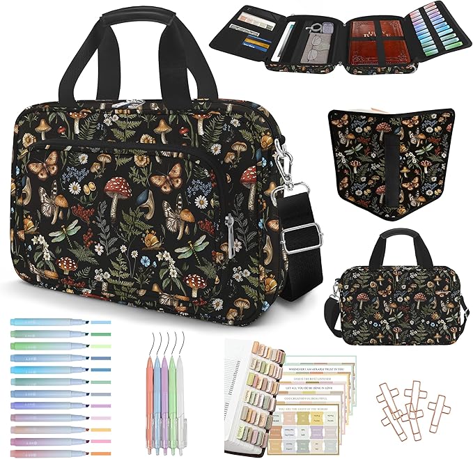 Mushroom Bible Cover Case for Women Large Bible Cover with with Handle & Zippered Pocket Vintage Bible Carrying Case for Girls Bible Study Supplies Accessories, Highlighters,Pens, Cross Clips