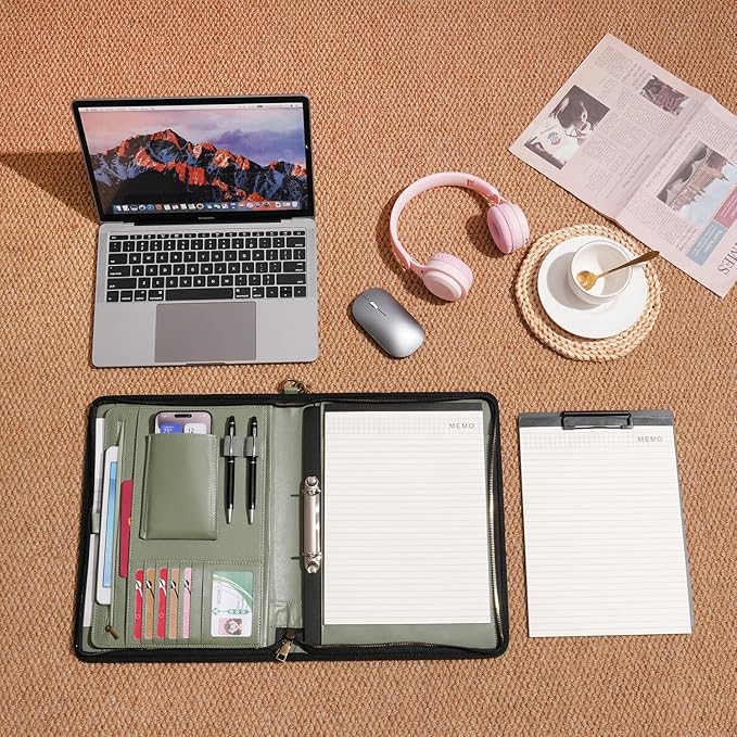 Wason A4 Portfolio with Zipper - Leather PU Padfolio with Detachable Ring Binder and Writing Notepad Holder, Conference File Multi-Pockets Organizer for Office Travel School (Green)