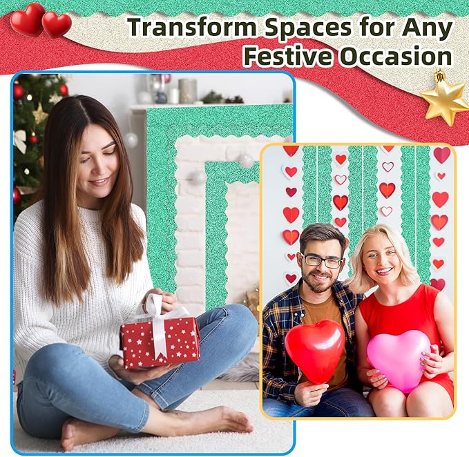 3 Rolls 98.4 Ft Glitter Bulletin Board Borders Set - Christmas Green Bulletin Board Decorations for Classroom, Office，School Supplies & Home DIY - Perfect for Teachers, Posters & Birthday Party Decor