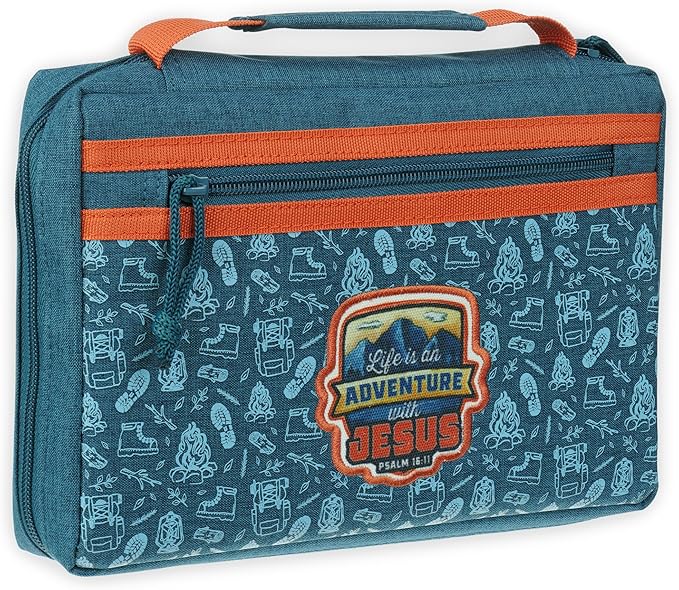 Christian Art Gifts Premium Polyester Bible Cover: Adventure with Jesus, Zippered Pocket Storage, Pen Loops, Protective Book Carry Case Accessory, Encouraging Gift, Teal & Orange Outdoor Theme, Small