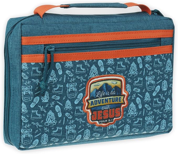 Christian Art Gifts Premium Polyester Bible Cover: Adventure with Jesus, Zippered Pocket Storage, Pen Loops, Protective Book Carry Case Accessory, Encouraging Gift, Teal & Orange Outdoor Theme, Medium
