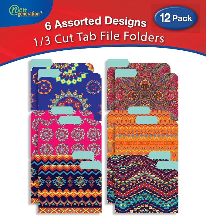 Decorative File Folders 1/3 Cut Tab, 12 Pack Ethnic Design, Heavyweight Laminated Letter Size (9.5” x 11.5”), Stylish Fashion File Folders for Home, Office & School Organization.