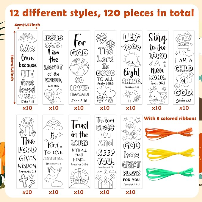 120Pcs Bible Color Your Own Bookmarks - Religious Christian DIY Coloring Blank Bookmarks for Sunday School Church Reading Activity Classroom Rewards Inspirational Gifts Crafts