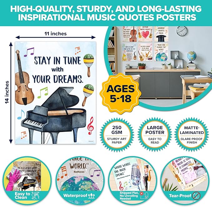 Decorably 15 Music Posters for Classroom Elementary and High School, 11x14in Inspirational Matte-Laminated for Learning Spaces, Hallways, Bulletin Boards, Home Study Room