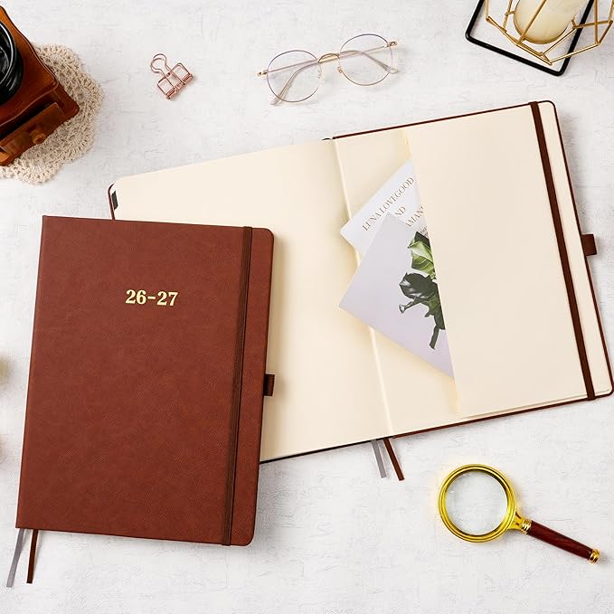 Vondafe 2026-2027 Planner - Weekly and Monthly Planner 2026-2027, Jul. 2026 - Jun. 2027, 9" x 11", 26-27 Calendar Planner with Inner Pocket + Elastic Closure + Pen Loop + Bookmarks, Leather Hardcover - Brown