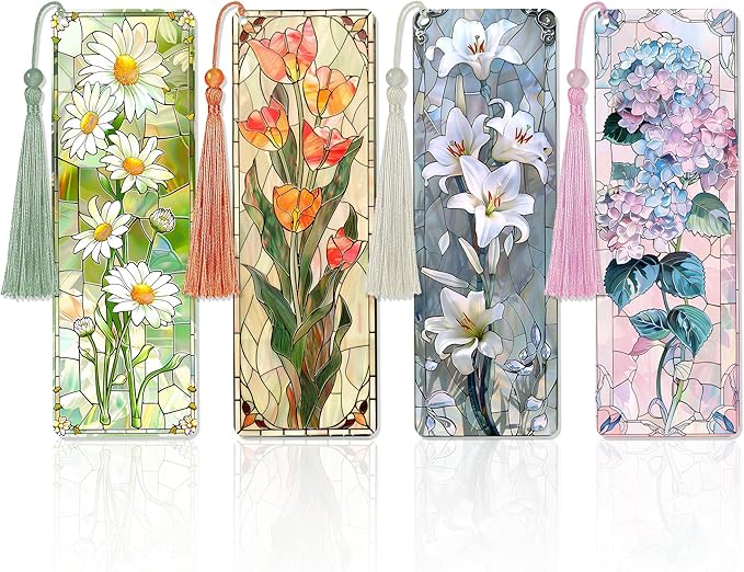 4 Pcs Stained Glass Art Bookmarks for Reading Women, Flower Transparent PVC Bookmark with Tassels, Cute Book Accessories, Unique Book Marks for Bookish, Birthday Christmas Gift