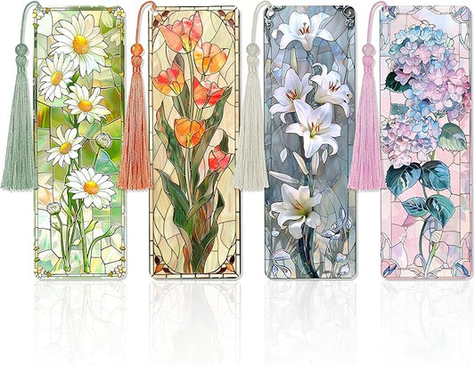 4 Pcs Stained Glass Art Bookmarks for Reading Women, Flower Transparent PVC Bookmark with Tassels, Cute Book Accessories, Unique Book Marks for Bookish, Birthday Christmas Gift