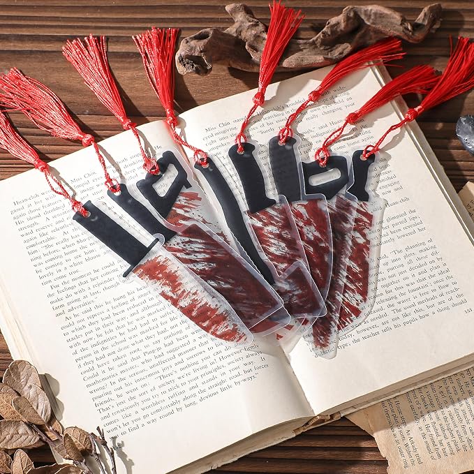 Halloween Horror Bookmarks Gifts - 8 Pcs Blood Knife Bookmark for Crime Books Lovers Spooky Novelty Book Markers with Red Tassels Gothic Reading Accessories Birthday Holiday Gift