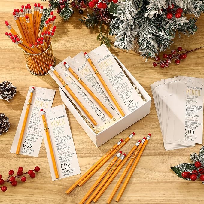 Fainne 100 Pcs Christian Pencils Gifts Bulk Verse Scripture Pencils with Cards Give It All to God Religious Church Gift for Christmas Prayer VBS Assumption Day Church Sunday School Teacher