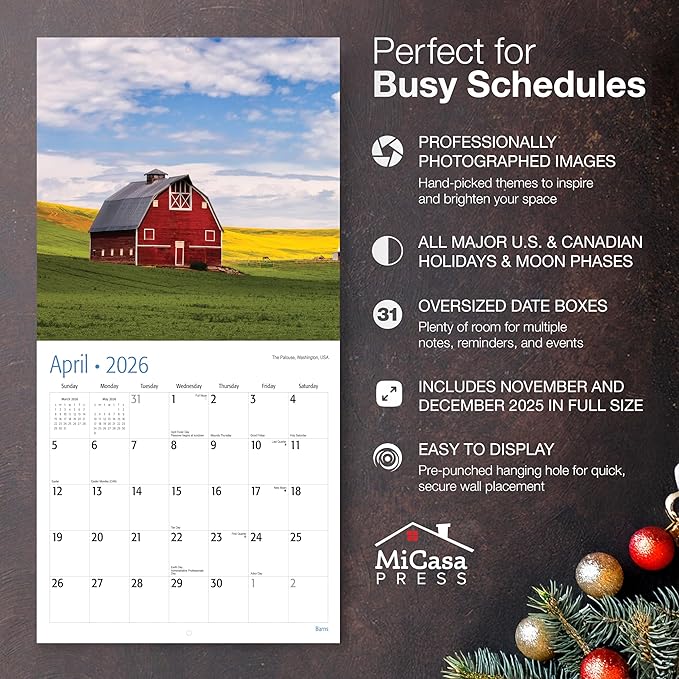 MICASA PRESS Barns 2026 Wall Calendar 12 Month | 12" x 24" Open | Thick & Sturdy Paper | Giftable | Farm Calendar 2026