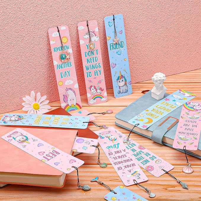 Outus 12 Pieces Unicorn and Rainbow Theme Bookmarks with 12 Pieces Metal Charms Inspirational Quotes Book Marks Unicorn Page Markers for Reading Teens and Adults