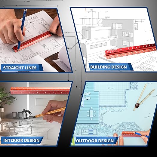 Stylo 12" Aluminum Architect Scale Ruler Laser Etched Triangle Drafting Ruler, Color Coded Grooves for Blueprint, Drafting and Drawing, Architectural Scale Ruler for Blueprints (Red, Imperial Units)