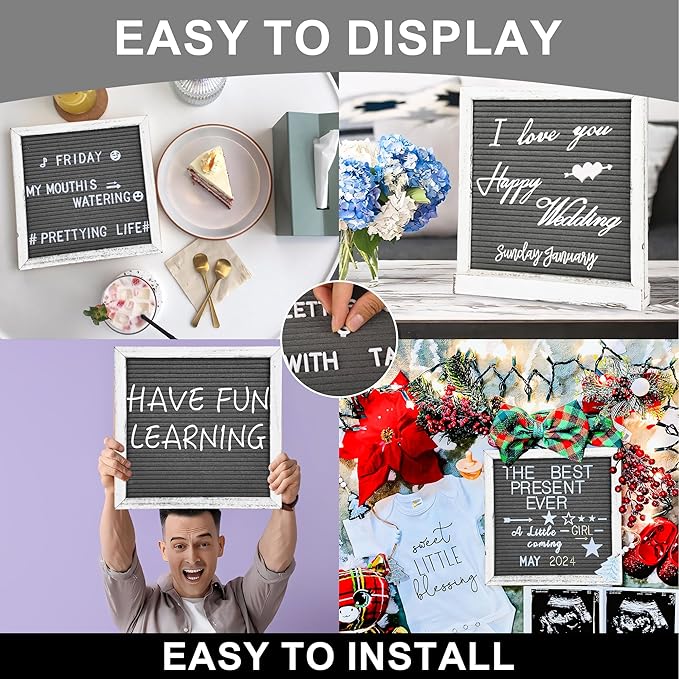 10" x 10" Double Sided Chalkboard Sign with Stand, Small Chalk Board Blackboard Wood Frame Felt Letter Board with 12 Chalk Markers and 340 Letters (White)
