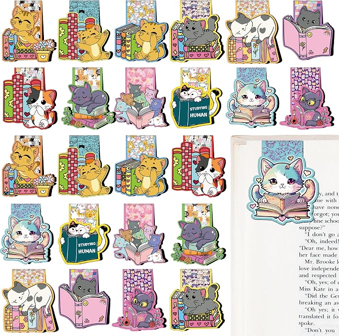 Cute Cat Magnetic Bookmarks - 24 Pcs Funny Bookish Magnet Book Marks Bulk Cartoon Animal Page Markers Clips Reading Women Bookish Lovers Student Teacher School Accessories Birthday Gifts