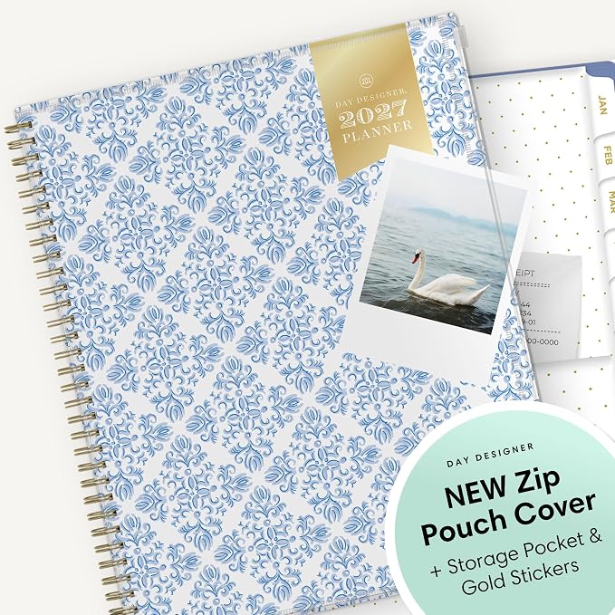 Blue Sky Day Designer 2027 Weekly and Monthly Planner Calendar, January 2027 - December 2027, 8.5" x 11", Flexible Cover With Zip Pouch, Durable Twin Wire Binding, With Stickers, Serenity Tile Blue