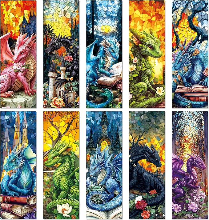 Fantasy Dragon Bookmark Gifts - 10 Pcs Personalized Vintage Stained Glass Bookmarks for Men Women Book Lovers Flower Page Marks School Reading Accessories Bookish Gift for Birthday Christmas