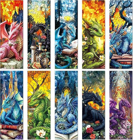 Fantasy Dragon Bookmark Gifts - 10 Pcs Personalized Vintage Stained Glass Bookmarks for Men Women Book Lovers Flower Page Marks School Reading Accessories Bookish Gift for Birthday Christmas